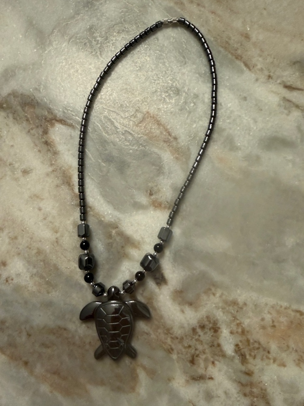 Turtle Pendant Hematite Beaded Necklace